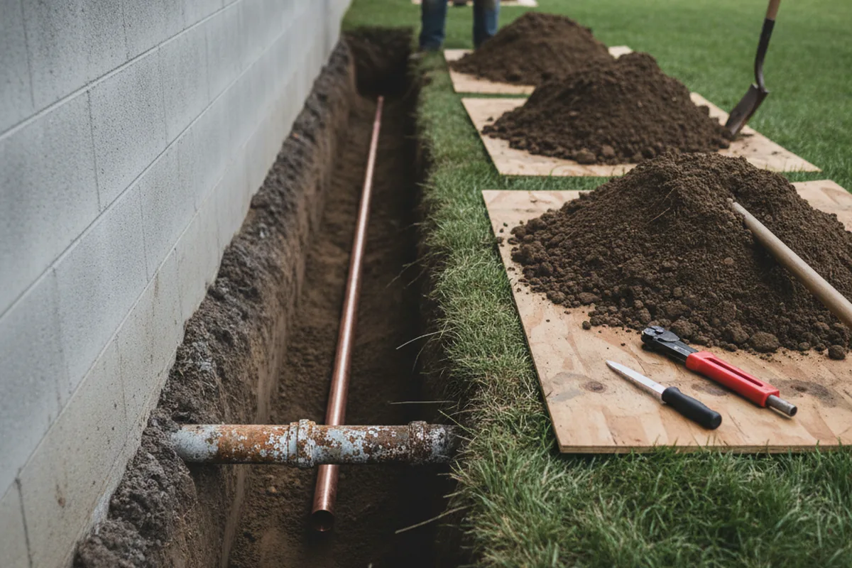 Excavated water line trench during Sewer Line Repair in Harpster